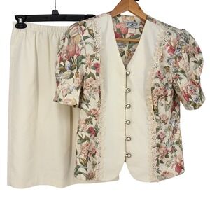 Skirt Suit Women 10/12P Cream Floral Tapestry Lace Vintage USA Made Cottagecore
